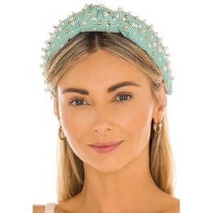 Lele Sadoughi green and white seersucker cotton headband with pearls and gold.